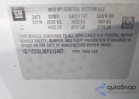 2014 Chevrolet Malibu 1Lt z USA, uszkodzony, nr VIN 1G11C5SL9EF212487